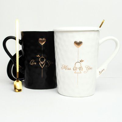 Set of BonaDi Love You 380 ml mugs with lid, 2 pieces, porcelain with spoon. BonaDi927-220 photo