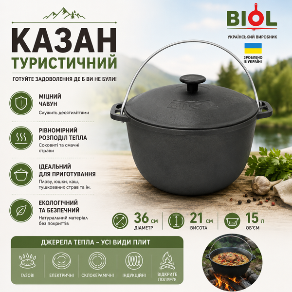 Казан туристичний Біол 15 л чавунний з дужкою і кришкою Biol0715 фото