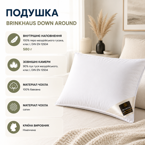 Подушка пухова трикамерна "Down Around" тверда, 50х70см, Білий BRINKHAUS_13000027049 фото