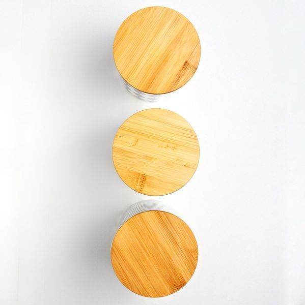 Set of jars for bulk products BonaDi Geometry 3 pcs 650 ml ceramic with bamboo lid, white with black. BonaDi304-941 photo