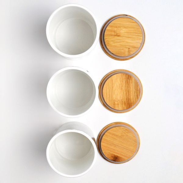 Set of jars for bulk products BonaDi Geometry 3 pcs 650 ml ceramic with bamboo lid, white with black. BonaDi304-941 photo