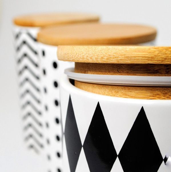 Set of jars for bulk products BonaDi Geometry 3 pcs 650 ml ceramic with bamboo lid, white with black. BonaDi304-941 photo