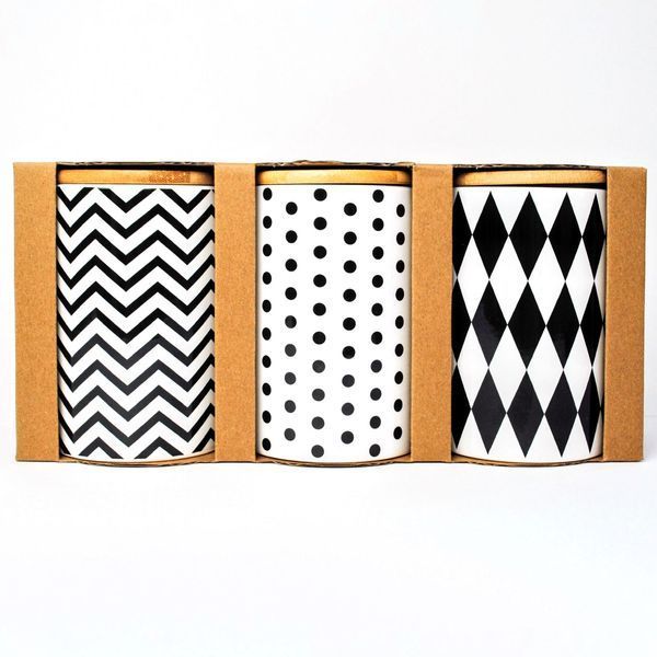 Set of jars for bulk products BonaDi Geometry 3 pcs 650 ml ceramic with bamboo lid, white with black. BonaDi304-941 photo
