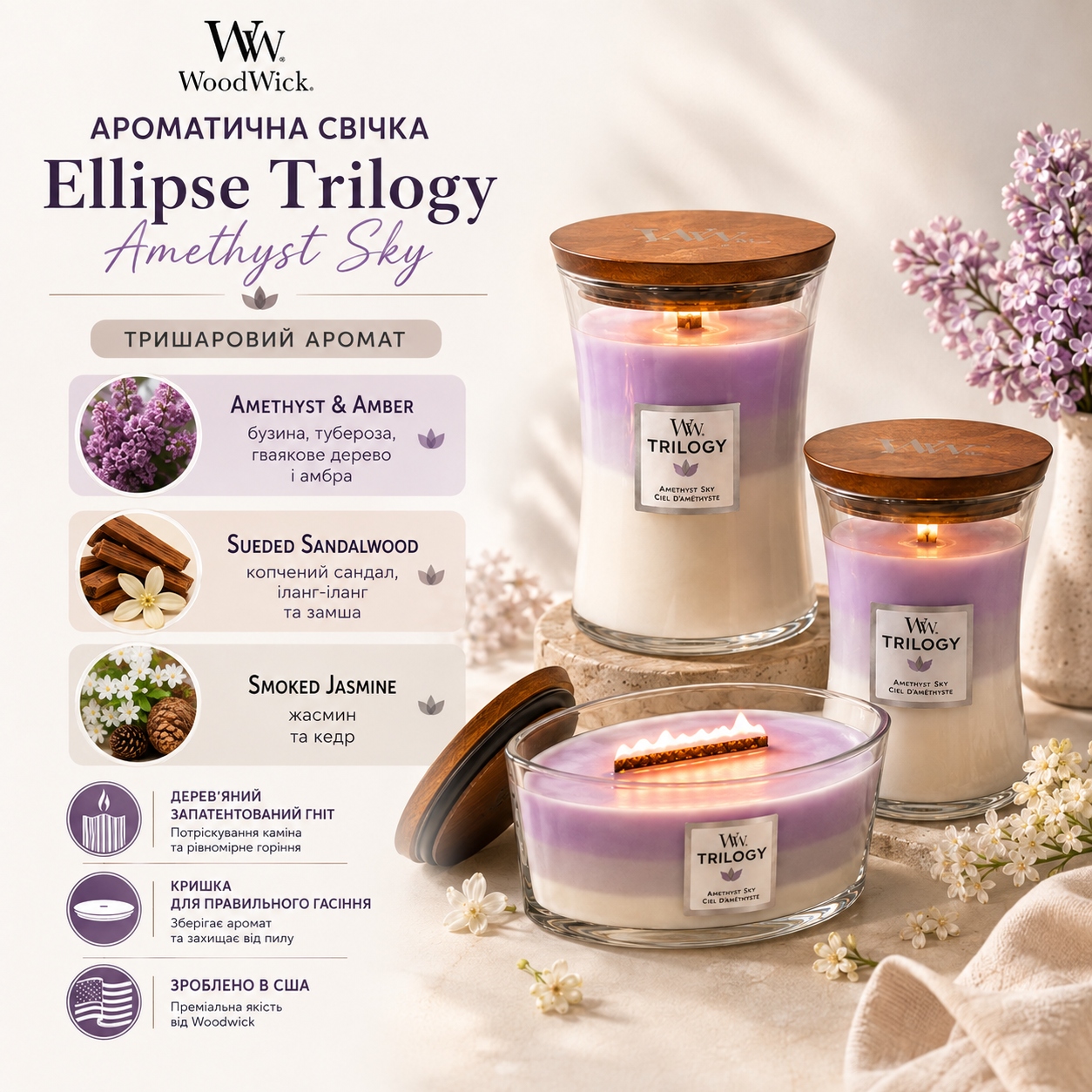 Інфографіка Ароматична свічка Woodwick Ellipse Trilogy Amethyst Sky