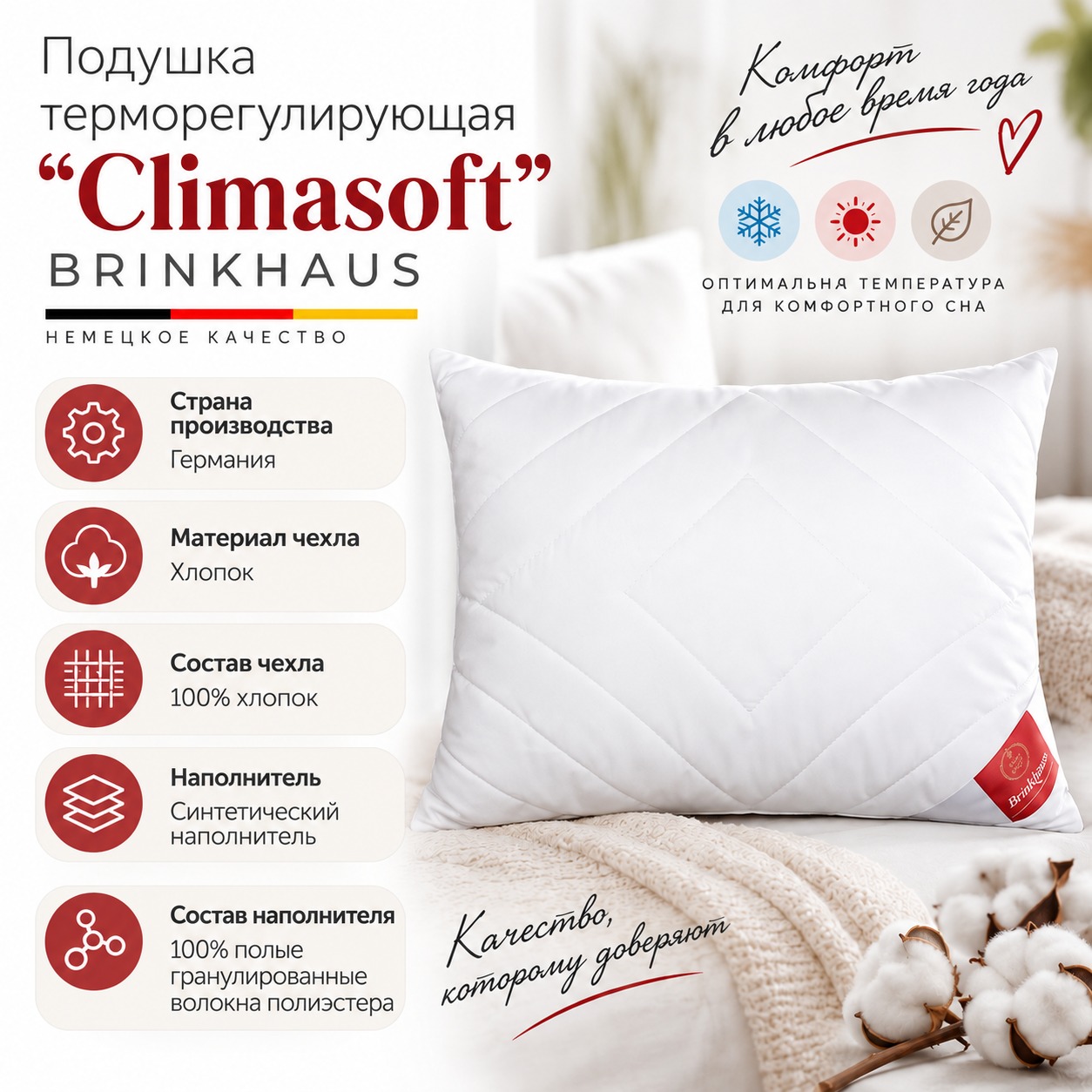 Инфографика Подушка терморегулирующая "Climasoft" BRINKHAUS, 50x70 см, белый